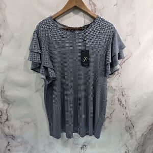 Adrianna Papell Shirt Womens XL Navy White Spot Dot Blouse Double Sleeve Ruffle